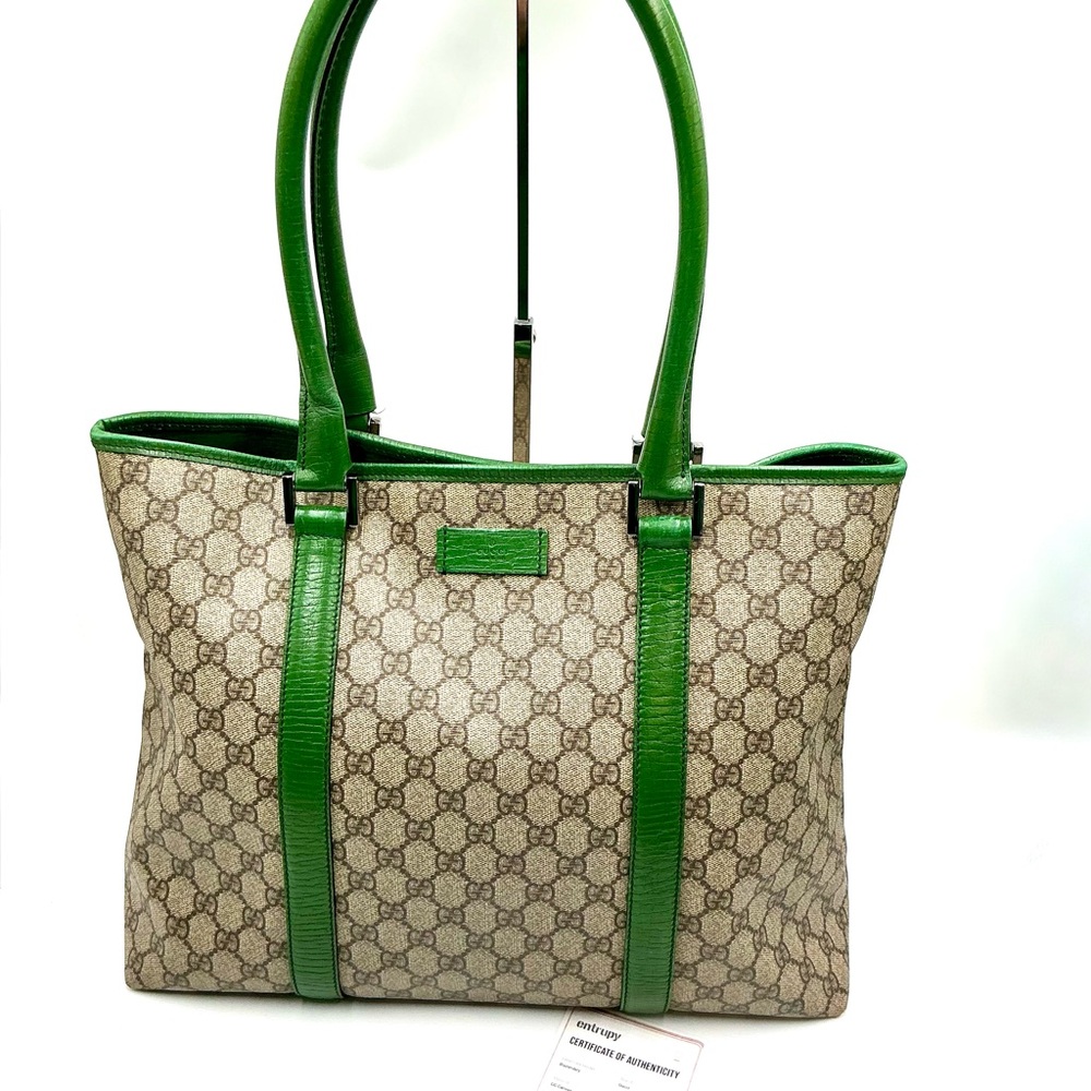 ✨Gucci ✨Beige GG Canvas Tote with Green Leather Trim - Picture 2 of 6